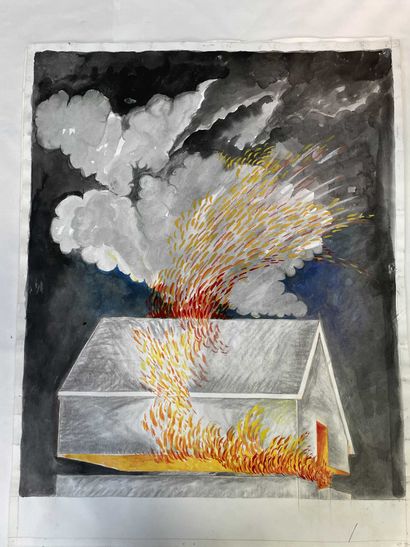 null Yorgos NIKAS (1954-2010) Lot of six drawings representing houses on fire. Mixed...