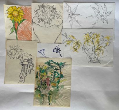 null Yorgos NIKAS (1954-2010) Lot of studies of flowers and leaves Watercolor, pencil,...