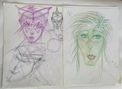 null Yorgos NIKAS (1954-2010) Lot of seven drawings and studies of characters. Mixed...