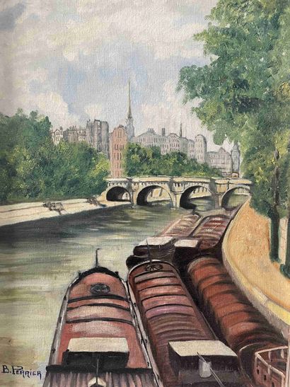 B PERRIER (XXth century) 
Barges on the Seine,...