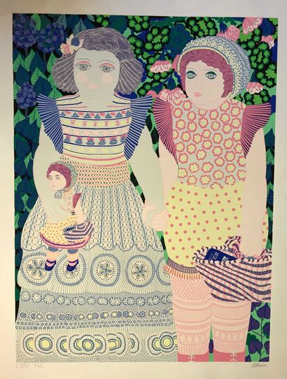 null Danièle AKMEN (1945) Two girls Serigraph Signed lower right and justified HC...