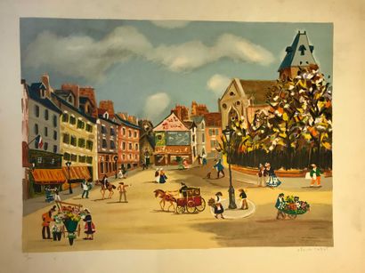 null Claude TABET (1924 1979) The place of the village. Lithograph in colors. Signed...