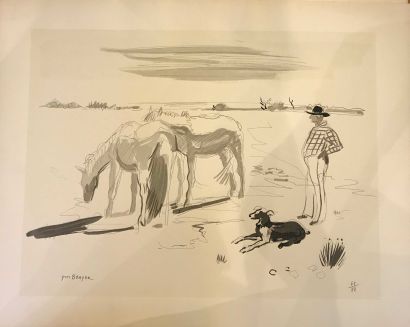 null Yves BRAYER (1907 - 1990) Horses in Camargue Lithograph in black signed in the...