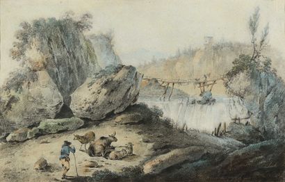 null 69 Jean-Baptiste PILLEMENT (1728-1808) Paysage à la cascade avec pâtre et ses...