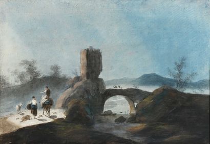 null 70 Attribué à Jean-Baptiste PILLEMENT (1728-1808) Paysage au pont animé Pastel...