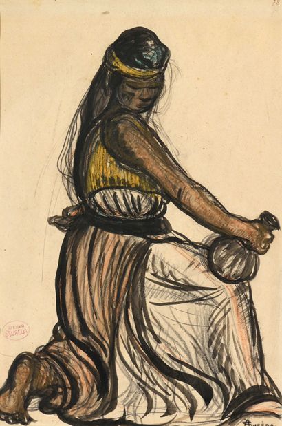 null 102 André SUREDA (1872 -1930) Orientale au pichet Crayon, encre brune, ocre...