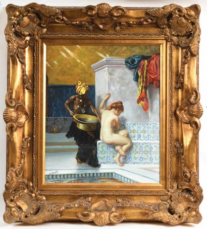 null 134 D'après Jean-Léon Gérome Le bain maure Huile sur toile. Signature "De Groote"...