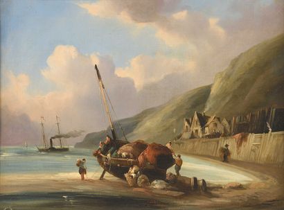 null 130 GODCHAUX (XIX-XXème siècle) Le déchargement des pêcheurs sur la plage Huile...