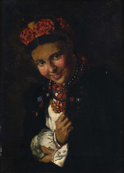 null 190 Russian school Young peasant woman Oil on canvas. Signed and dated 1879...
