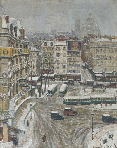 null 157 Lucien LIEVRE (1878-1936) Vue de la place Clichy ou Pigalle en hiver Huile...