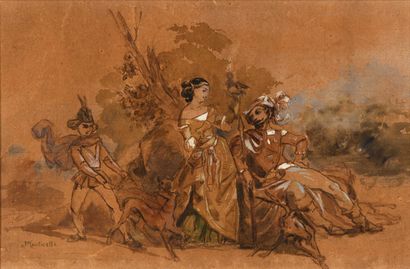 null 120 Adolphe MONTICELLI (1824-1886) Scène galante Plume, encre, aquarelle et...