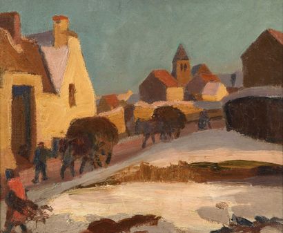 null 152 Jules Emile ZINGG (1882-1942) Retour des champs sous la neige Huile sur...