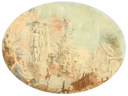 null 79 Ecole Française du XVIIIème siècle Fontaine antique animée Aquarelle et crayon...