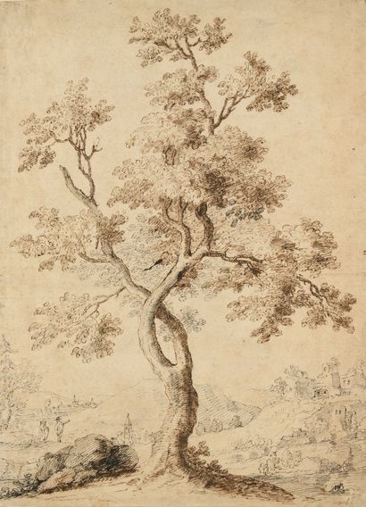 null 63 Ecole Française du XVIIème siècle Paysage au grand arbre Plume encre brune...