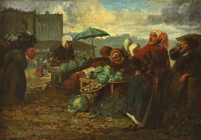 null 138 Eugenio LUCAS (1817 1870) Scène de marché animé Huile sur toile. Annoté...
