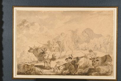 null 76 Pierre LELU (1741-1810) La caravane Plume et encre noire, lavis brun et gris....