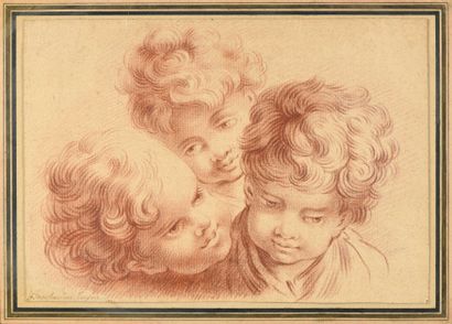 null 80 BOUCHER François (Ecole de) (1703-1770) Trois têtes d enfants Sanguine. Collé...