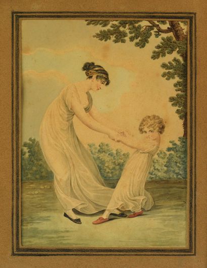 null 91 ECOLE FRANCAISE du XIXème siècle Jeune mère jouant avec sa petite fille Jeune...