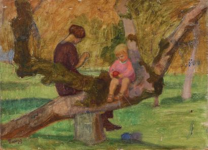 null 148 Jules Emile ZINGG (1882-1942) Femme et enfant à l ouvrage sur un arbre Huile...