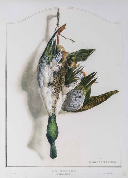 null Edouard TRAVIES (1809-c. 1869) La Chasse Le Canard souchet Color engraving Signed...