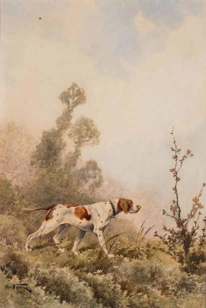 null Alfred WEBER (1862-1923) Dog at the stop Watercolor on paper. Signed lower left....