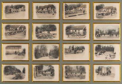 null Two framed pieces containing thirty-two color postcards on the theme of hunting...