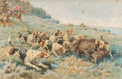 null Charles Fernand De CONDAMY (1855-1913) Pair of scenes of hunting with hounds...