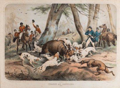 null Victor ADAM (1801-1866) The boar hunt The deer hunt Pair of lithographs in color....