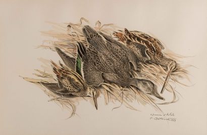 null 
Francis BÉRILLE (Born in 1945) Retour de chasse Lithograph in color. Signed,...