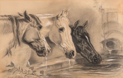 null Elsie LORSCH (XXth century) Horses at the trough Charcoal and gouache highlights...