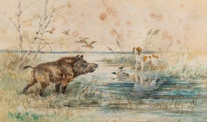null René VALETTE (1874-1956) Scene of hunting at the pond Watercolor on paper. Signed...