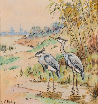 null 
Georges Frédéric RÖTIG (1873-1961) Herons in the pond Watercolor and ink on...