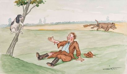 null G. KLEIN (XXth century) Two humorous hunting scenes Watercolors on paper. Signed...