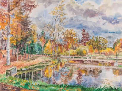 null Maurice BOITEL (1919-2007) The pond in autumn Watercolor on paper. Signed lower...