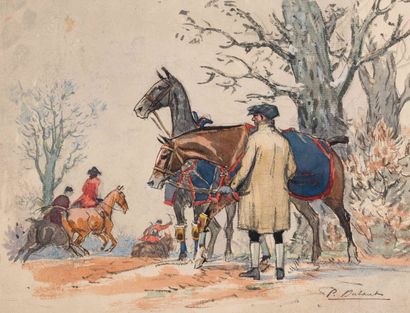 null Pierre-Olivier DUBAUT (1886-1968) Hunting scene Watercolor and ink on paper...