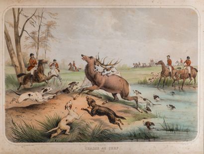 null Victor ADAM (1801-1866) The boar hunt The deer hunt Pair of lithographs in color....