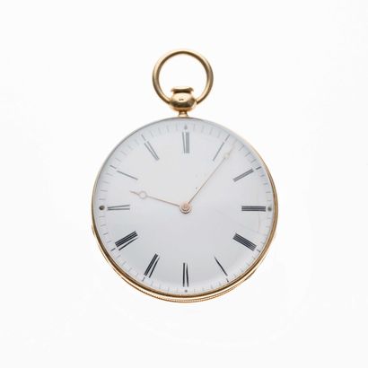 null 14 Yellow gold (750) pocket watch, guilloché caseback, white enamel dial, Roman...