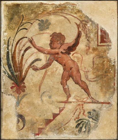 null 197 Fragment de fresque représentant un Eros juvénile les bras tendus en avant...