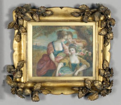 École Française du XIXe siècle Femmes aux fleurs sous un arbre Gouache. 11 x 13 cm...