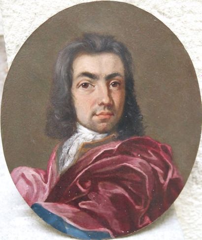 École Française du XVIIe siècle Portrait d'homme à la draperie rouge Cuivre ovale....