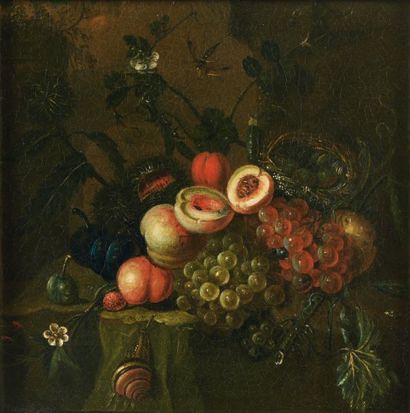 École HOLLANDAISE du XVIIIe siècle Nature morte aux raisins, pêches et autres fruits...