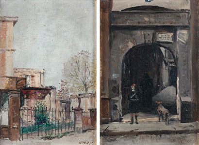 Enrique ATALAYA (Murcie 1851 - Paris 1913) Vue d'une barrière Ecolier et son chien...