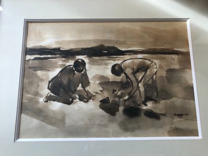 null Marie LEK, Scène de plage Lavis d encre et aquarelle sur papier. 25x36cm