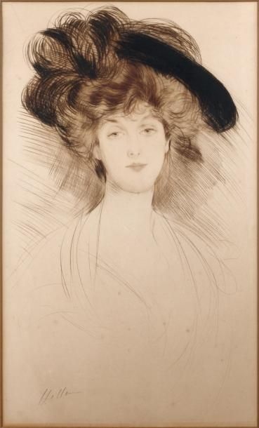 Paul César HELLEU (1859-1927) Elégante au chapeau Pointe sèche signée. 54 x 33 c...