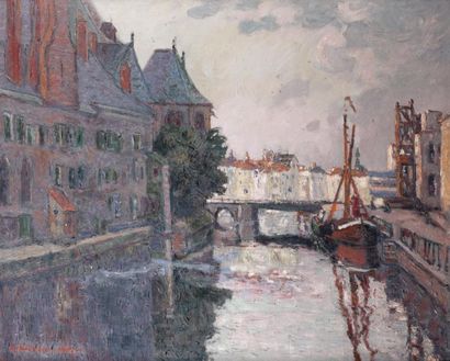 André WILDER (1871-1965) Bateaux à quai Huile sur toile, signée en bas à gauche et...