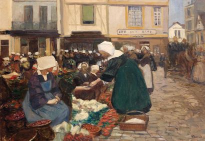 Fernand PIET (1869-1943) Marché en Bretagne Huile sur panneau. 51,5 x 74 cm