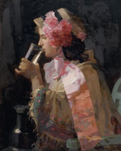 Jean Alexandre GRUN (1868-1934) Le verre d'eau Huile sur toile, signée en bas à ...