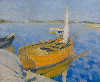 Carrera LLANO FLOREZ (1889-?) Barques à quai, 1918 Huile sur toile, signée en bas...