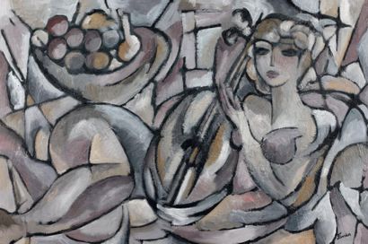 Pierre FAVIER (1889-1969) Femme cubiste à la mandoline Huile sur toile, signée en...
