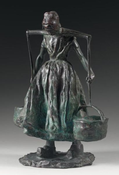 Carl MILLES (1875-1955) Paysanne portant un seau Bronze à patine verte signée Hauteur:...
